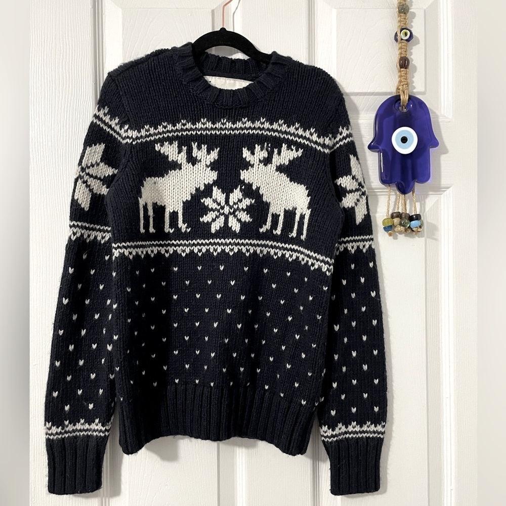 Abercrombie Kids Fir Isle Moose Wool Sweater Size Large Navy & White GUC Holiday